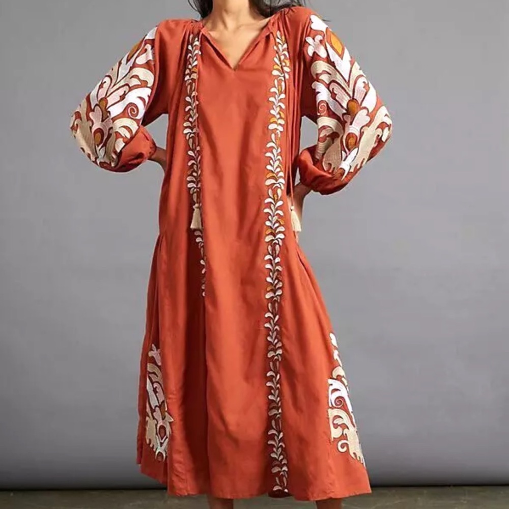 Anthropologie Rust Embroidered Long Sleeve Dress - Picture 16 of 17